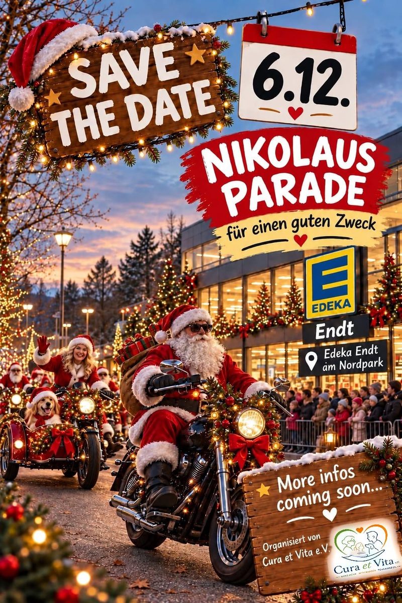 Save-the-Date-Plakat: Nikolaus-Parade am 6.12. für einen guten Zweck bei Edeka Endt am Nordpark. Nikoläuse fahren auf geschmückten Motorrädern an Zuschauern vorbei. Organisiert von Cura et Vita e. V.